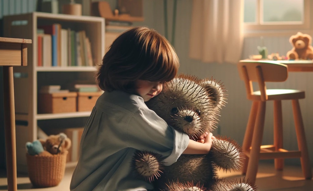 touching scene, showing a young child with shoulder-length brown hair, wearing a soft blue shirt denim shorts hugging thorny teddy bear
