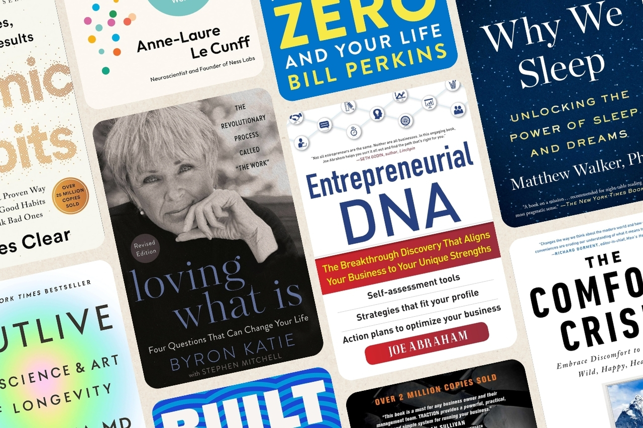Stack of books for midlife entrepreneurs redefining success