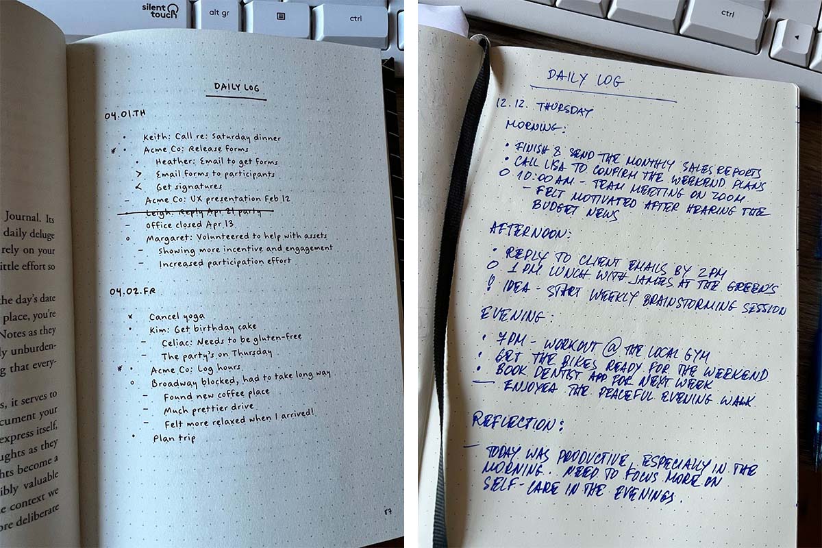 two variations of a bullet journal method daily log