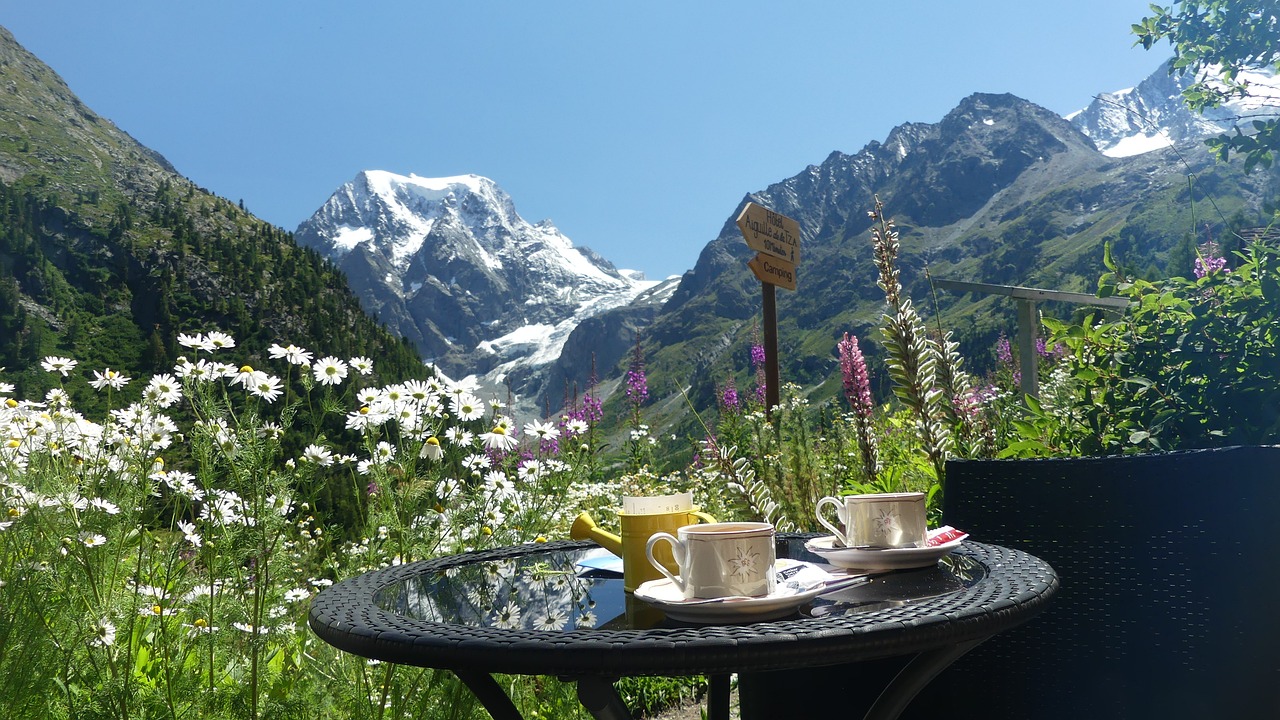 table with coffee and beautiful mountain view with wildflowers
