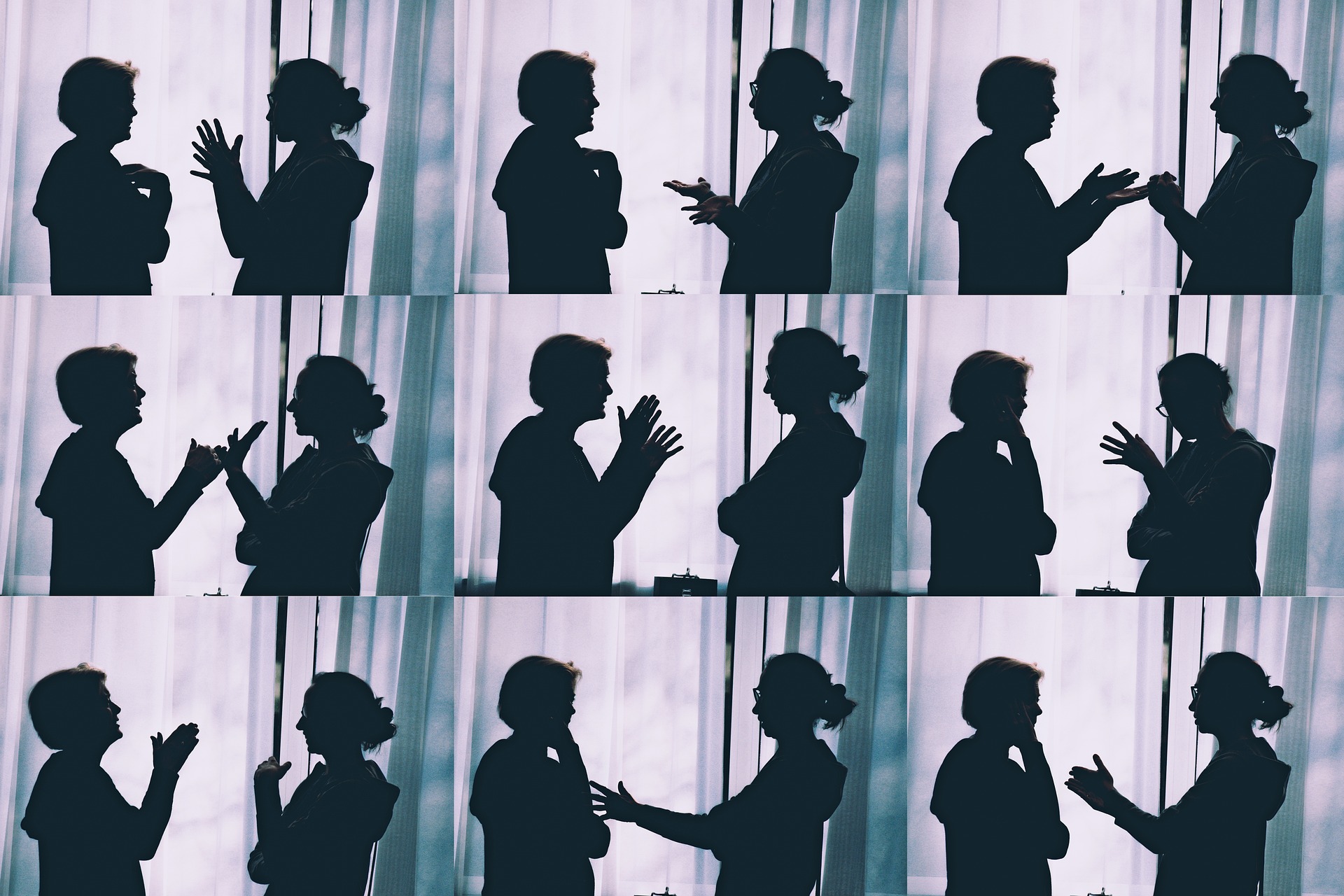 9 frames of two people having a conversation silhouette