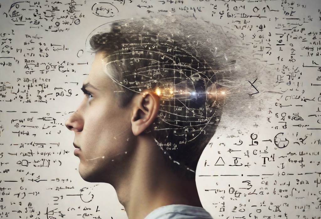 scientific thinking image of young man with equations surrounding his head