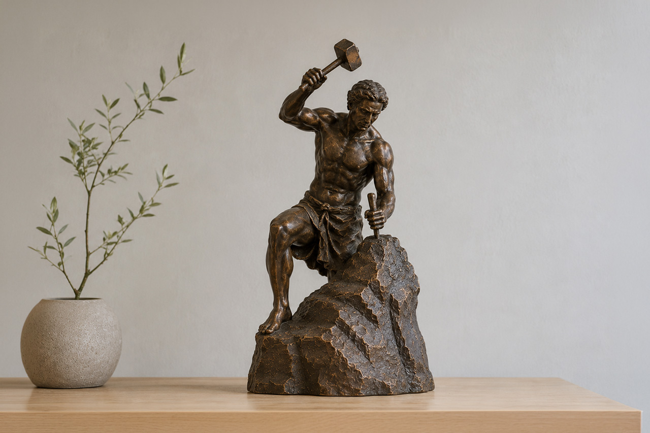 Bronze statue of a self-made man carving himself from stone with hammer and chisel