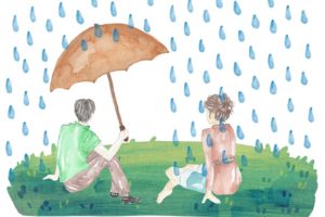 selfish man with umbrella leaving woman in rain