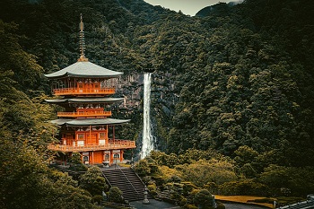 shinto temple japan with waterfall