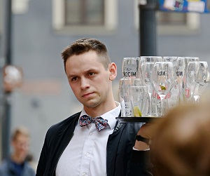 water with platter of empty glasses bowtie